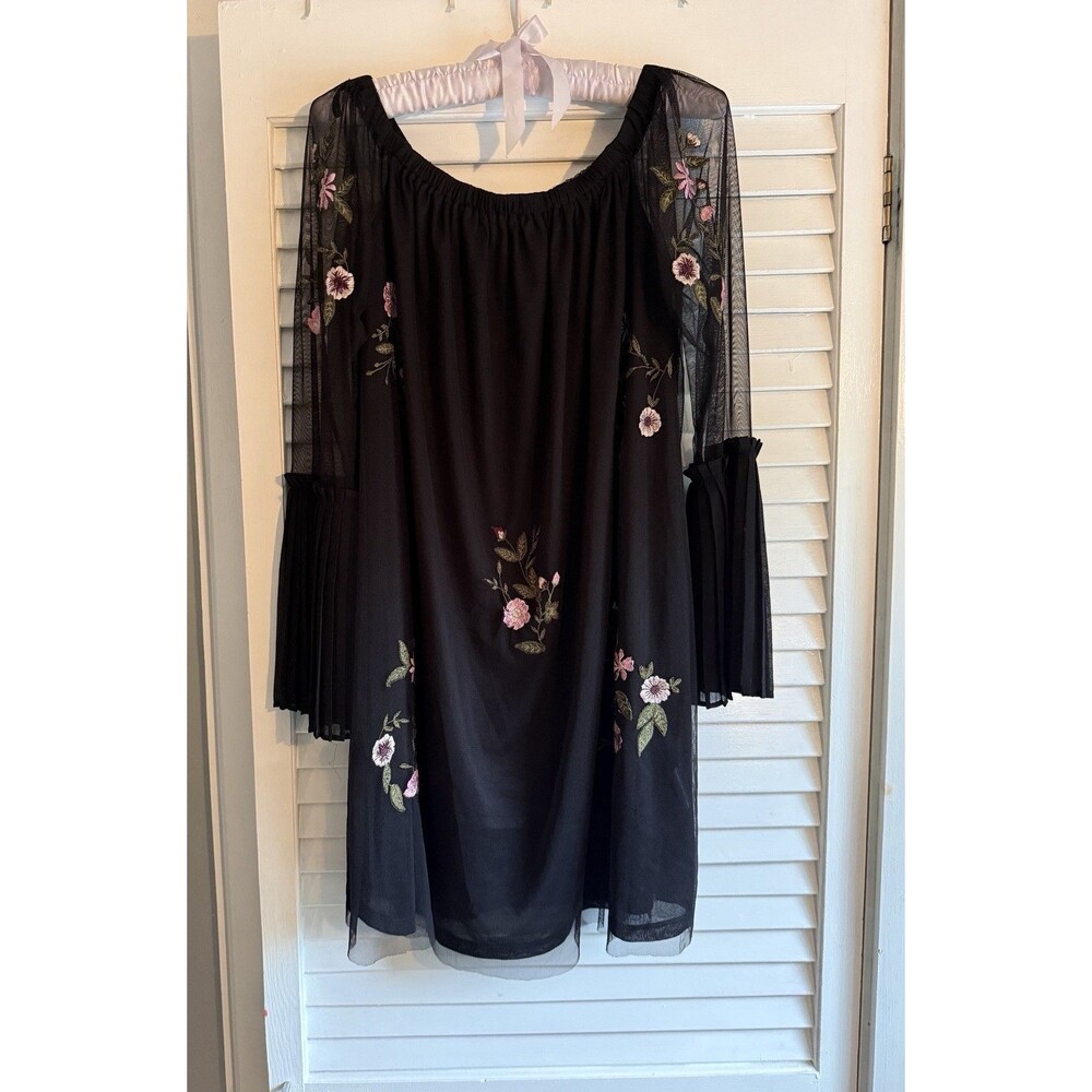 VTG Women’s XL Black Floral Embroidered Mini Dress Fairy Whimsigoth Boho Sheer